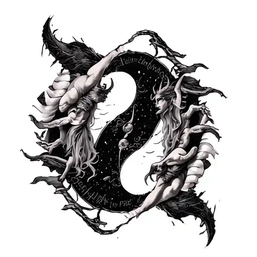 God And Devil Bodies Against Each Other On A Yin Yang