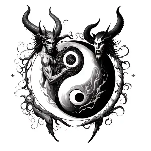 God And Devil Bodies Against Each Other On A Yin Yang