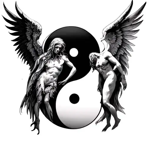 Chernobog And Angel Bodies Against Each Other On A Yin Yang Symbol