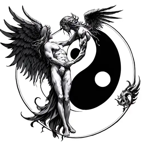 Chernobog And Angel Bodies Against Each Other On A Yin Yang Symbol
