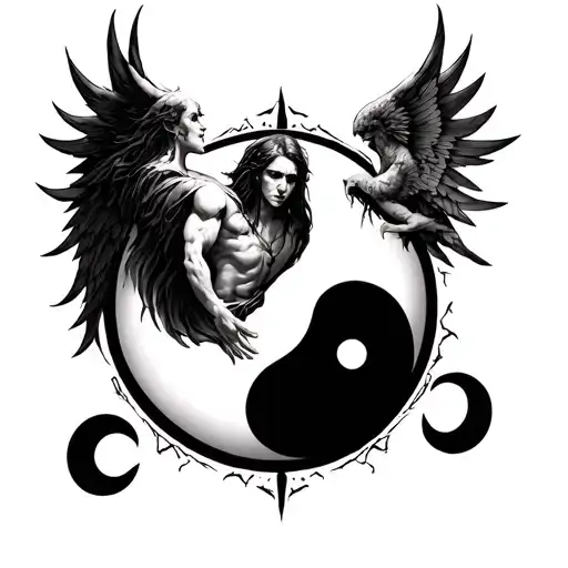 Chernobog And Angel Bodies Against Each Other On A Yin Yang Symbol