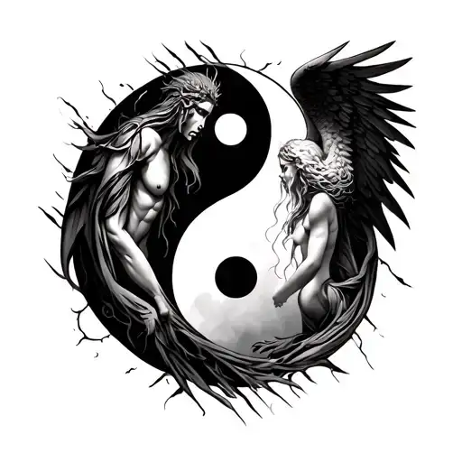 Chernobog And Angel Bodies Intertwined On A Yin Yang Symbol