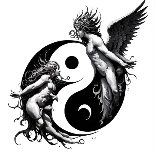Chernobog And Angel Bodies Intertwined On A Yin Yang Symbol