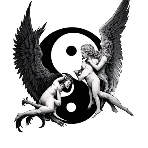 Chernobog And Angel Bodies Intertwined On A Yin Yang Symbol