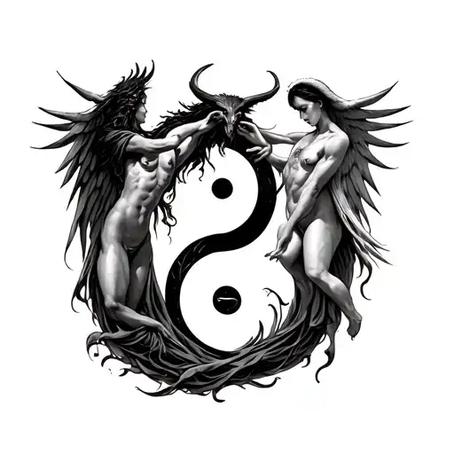 Chernobog And Angel Bodies Intertwined On A Yin Yang Symbol