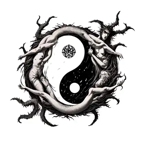 Chernobog And Belebog With Bodies Intertwined On A Yin Yang Symbol