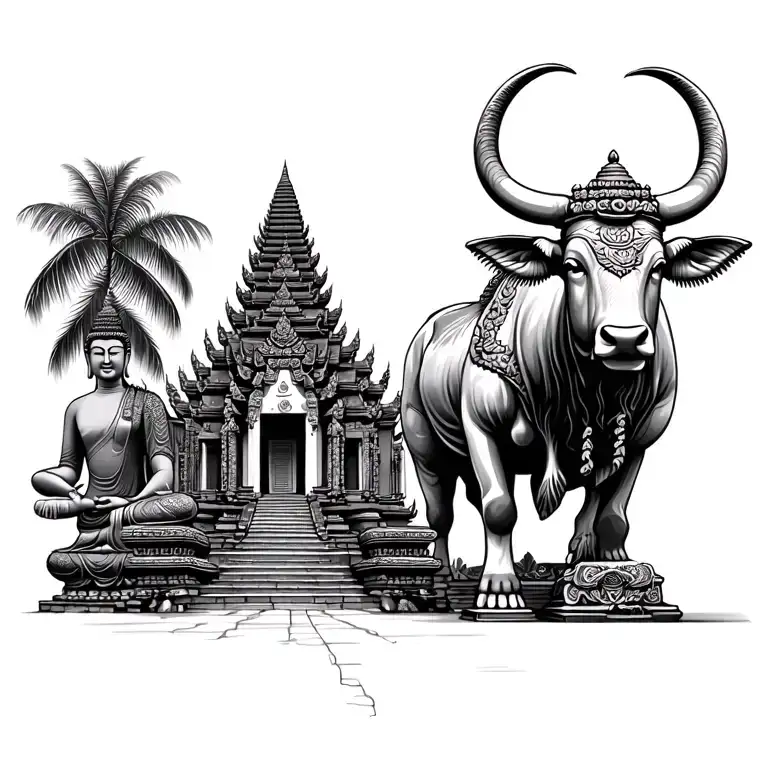 Cambodian Temple With Buddha On Left And Cambodian Ox On Right