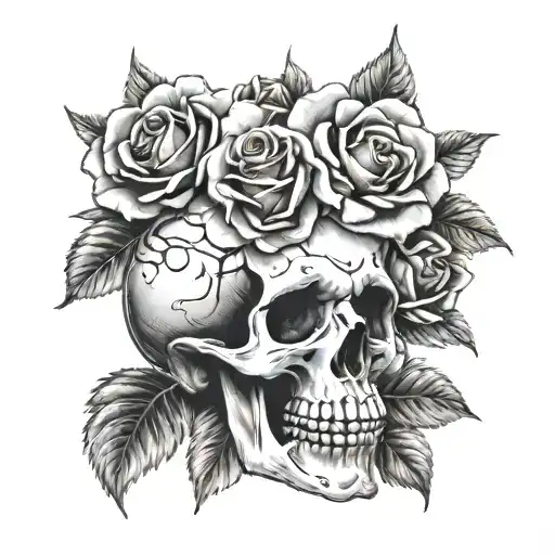 Skull And Roses Blooming