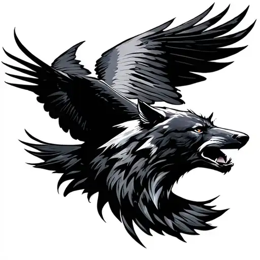 Howling Wolf Face Swooping Raven Flying