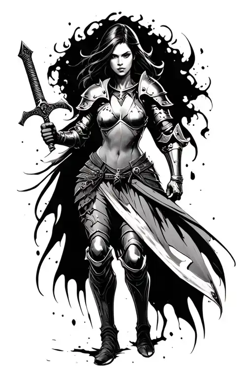 Female Fighter In A Bloody Armor Holding A Sword