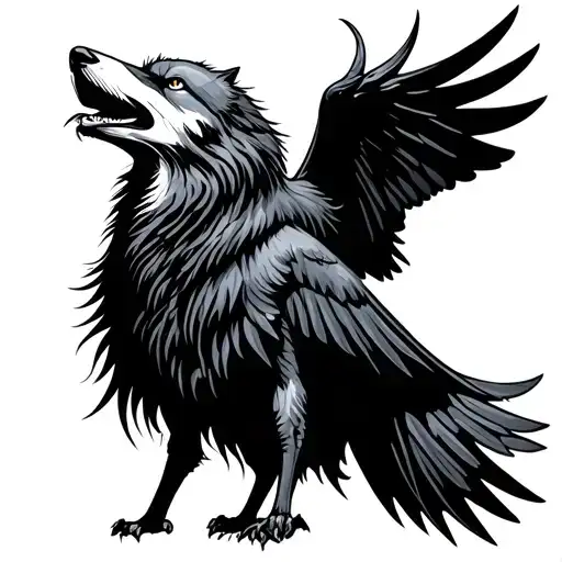 Howling Wolf Head Swooping Raven Standing