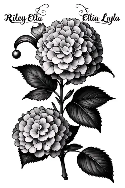 Hydrangea Flower Harley Quinn Inspired Tattoo With Names Riley Ellia Lyla