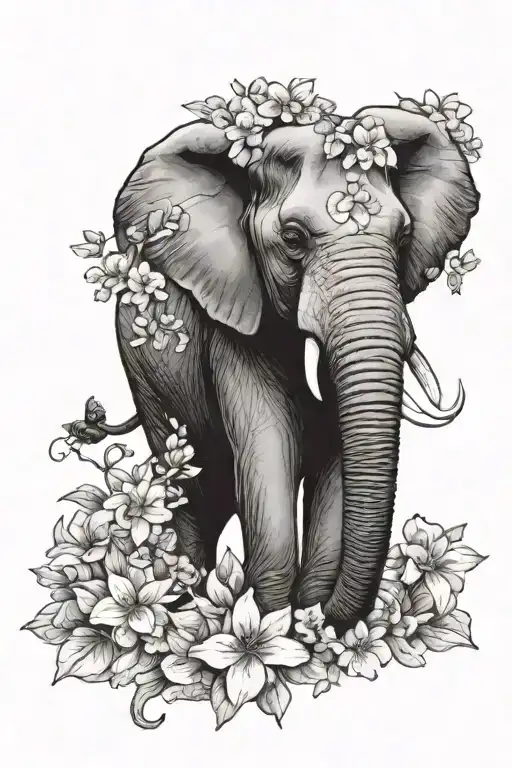 Elephant With Trunk Up Surrounded By Flowers