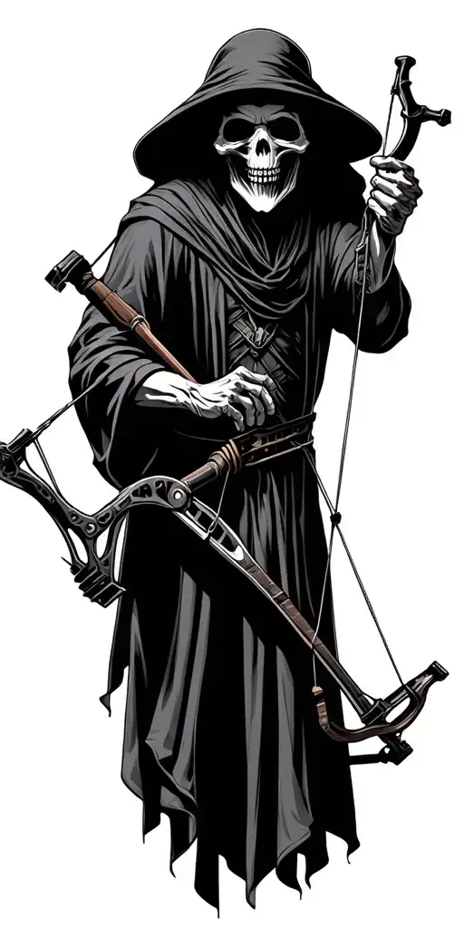 Grim Reaper Holding A Compound Bow In A Orchard