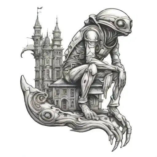 An Astronaught Alien Sitting Atop A Victorian City