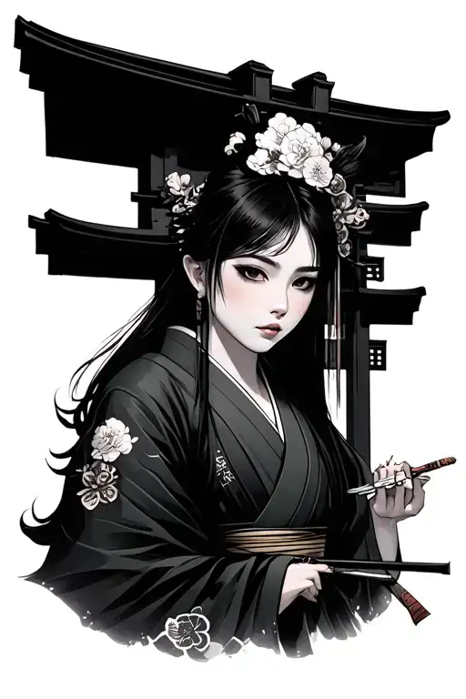 A Kistune In Front Of A Japanese Tori