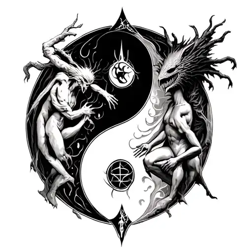 Chernobog And Belebog With Bodies Intertwined On A Yin Yang Symbol