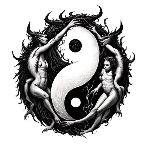 Chernobog And Belebog With Bodies Intertwined On A Yin Yang Symbol