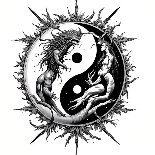 Chernobog And Belebog With Bodies Intertwined On A Yin Yang Symbol