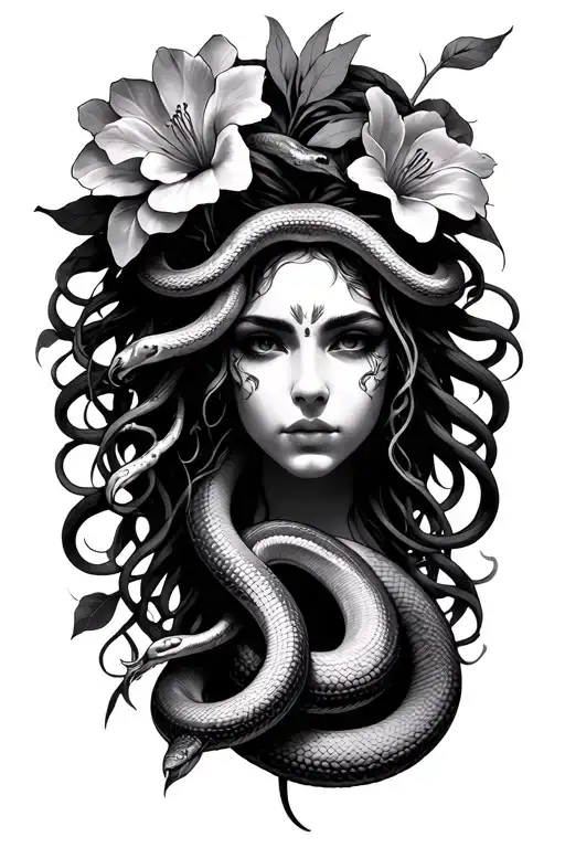 Madusa Face With 7 Snakes And 2 Flowers