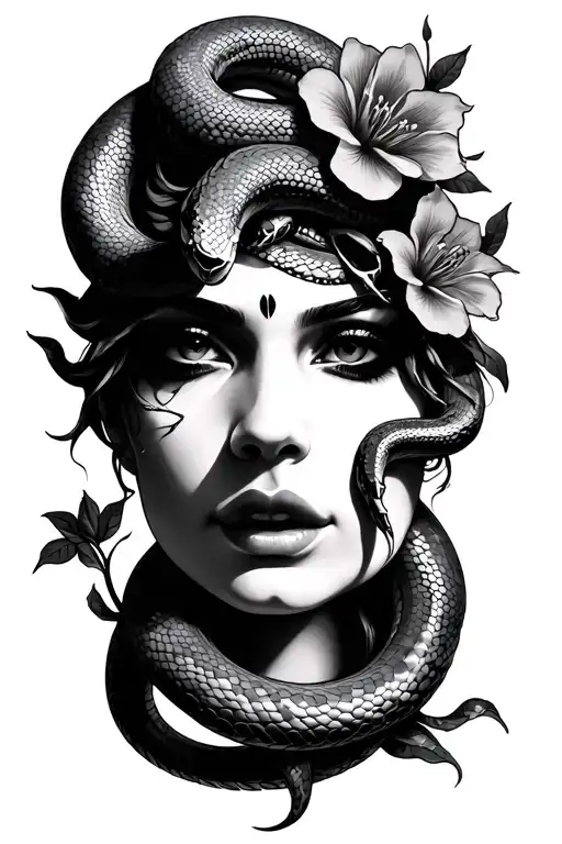 Madusa Face With 7 Snakes And 2 Flowers