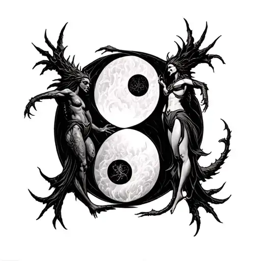 Chernobog And Belebog With Bodies Intertwined On A Yin Yang Symbol