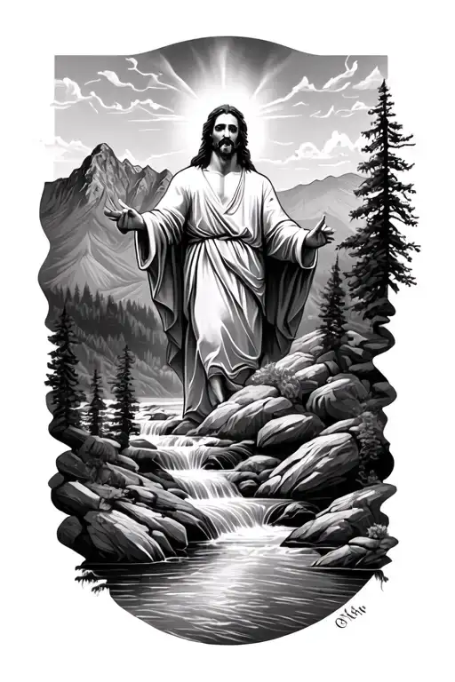 Mountin With River And Jesus Christ
