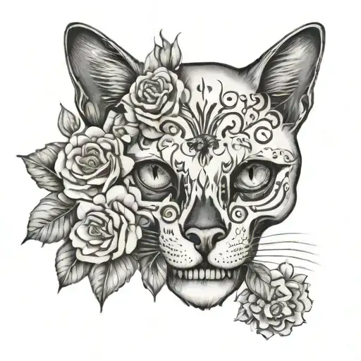 Cat Skull With Flowers