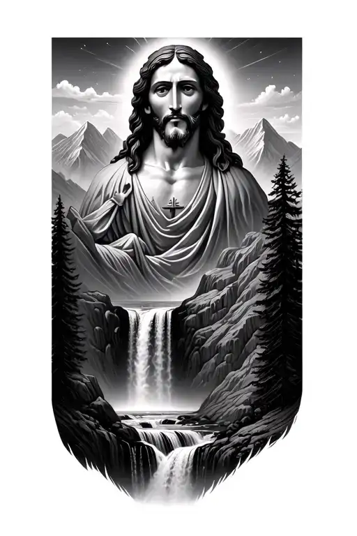 Mountin With Waterfall And Small Jesus Christ Head Above The Mountains