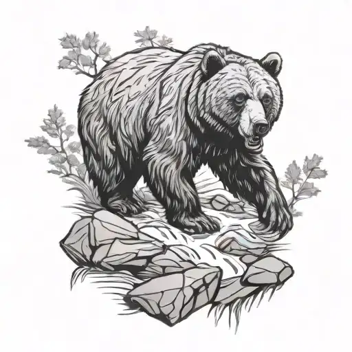 Bear Cross A River With Rocks And Trees