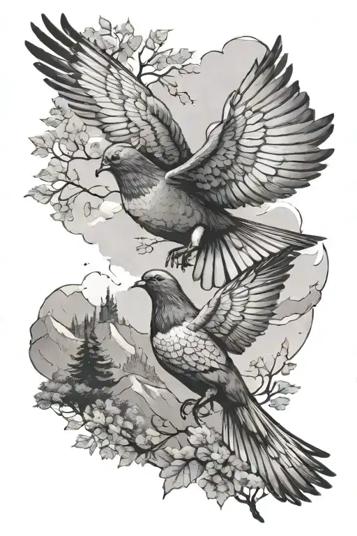 A Pigeon Pair Flying Above Autrian Mountains Filled With Trees
