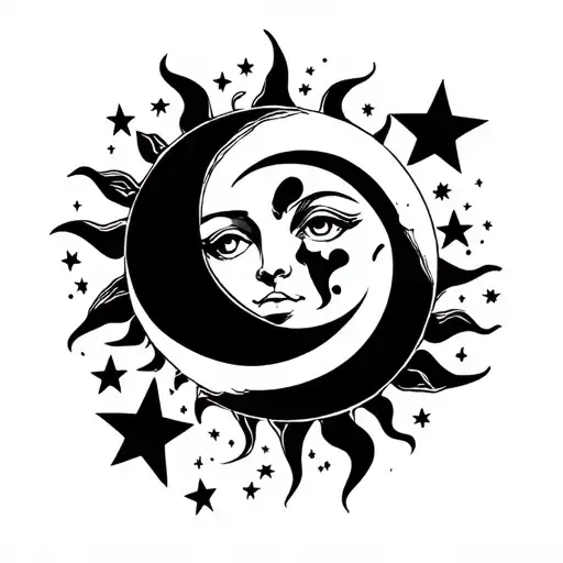 Sun And Moon Surrounded By Stars Simple Line Drawing