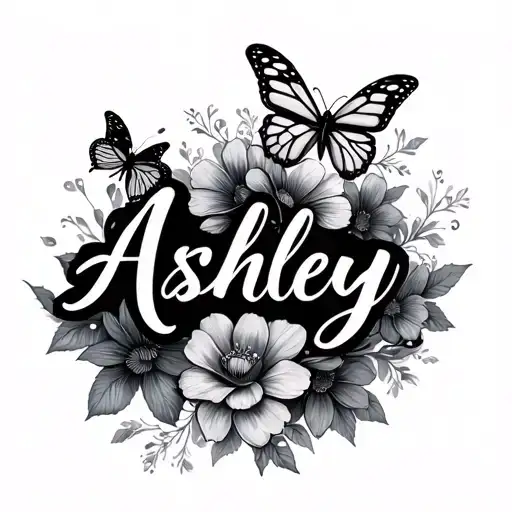 The Name Ashley In Cursive With Butterflies And Flowers