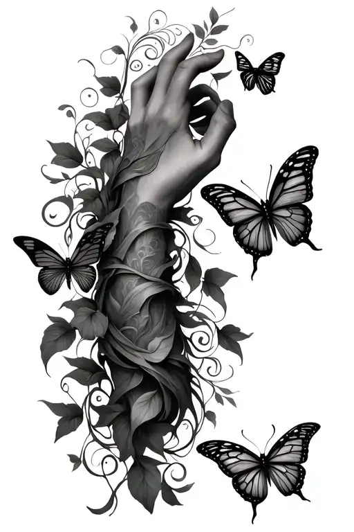 Vines Wrapping Around Going From My Spine Down My Arm To My Finger With Butterfly's Throughout It