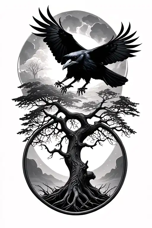 Raven Flying Over Tree Of Life