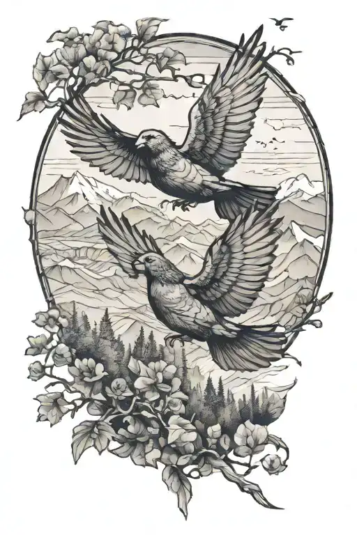 Two Pigeons Flying Above Austrian Mountains Filled With Trees
