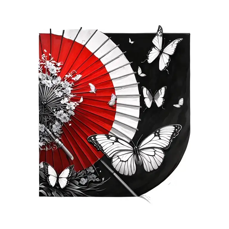 Red Chinese Umbrella And Silver Butterflies Flying