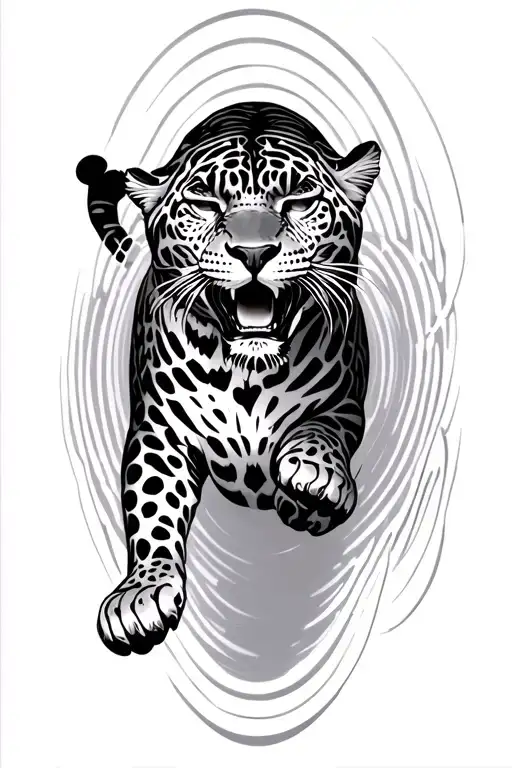 Jaguar Jumping Up From A Void Represented By Circles