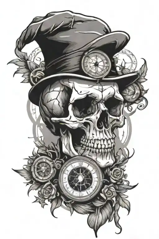 Skull Surrounded By A Clock And Compass Design