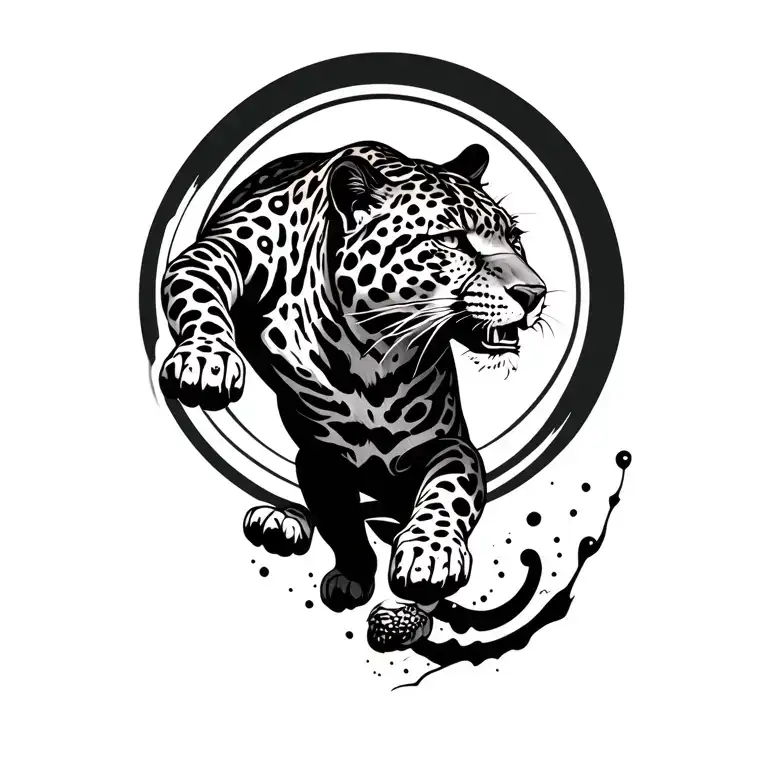 Jaguar Jumping Up From A Void Represented By Circles