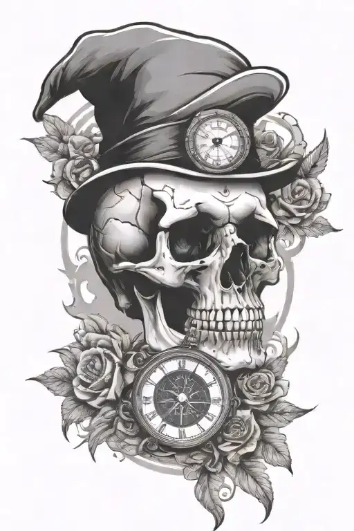 Skull Surrounded By A Clock And Compass Design