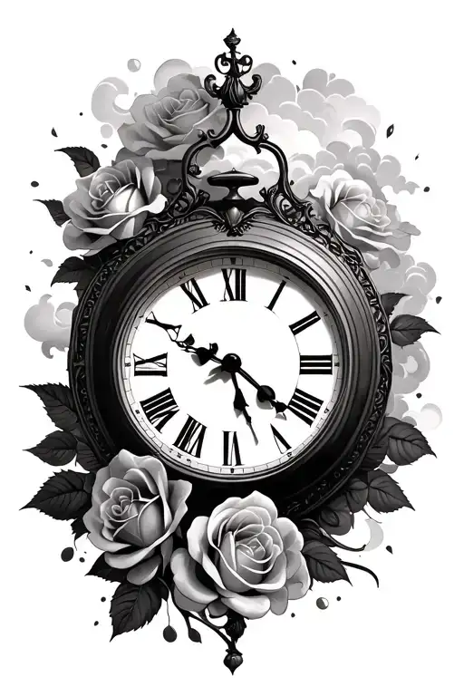Clock With Roses And Clouds Realistic