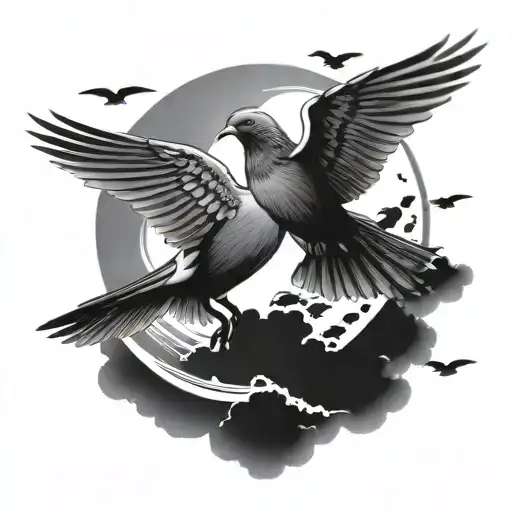 Two Pigeons Flying To The Sun