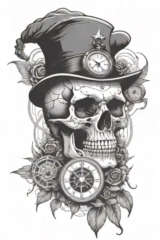 Skull Surrounded By A Clock And Compass Design Bars For The Eyes