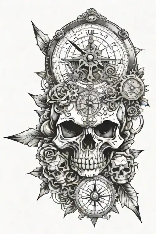 Skull Surrounded By A Clock And Compass Design Bars For The Eyes