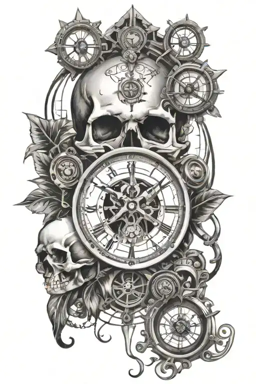 Skull Surrounded By A Clock And Compass Design Jail Bars For The Eyes