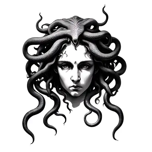 Medusa Head Looking Straight With Snakes Entwined On Each Side