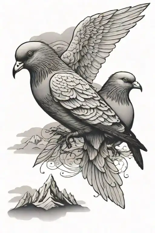 A Fusion Of Two Pigeons And Mountains