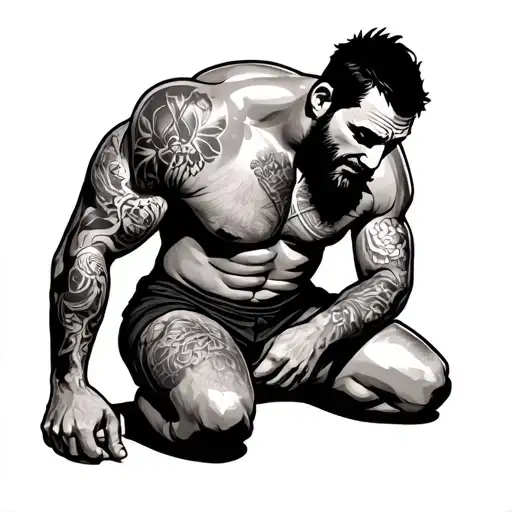 Burly Man Kneeling With Tattoo Design