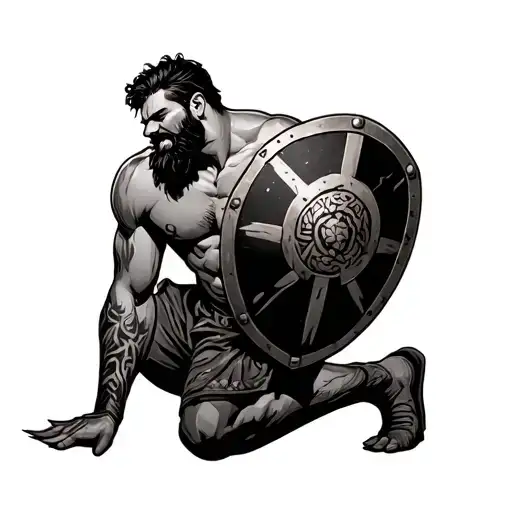 Burly Man Kneeling With Shield Tattoo Design